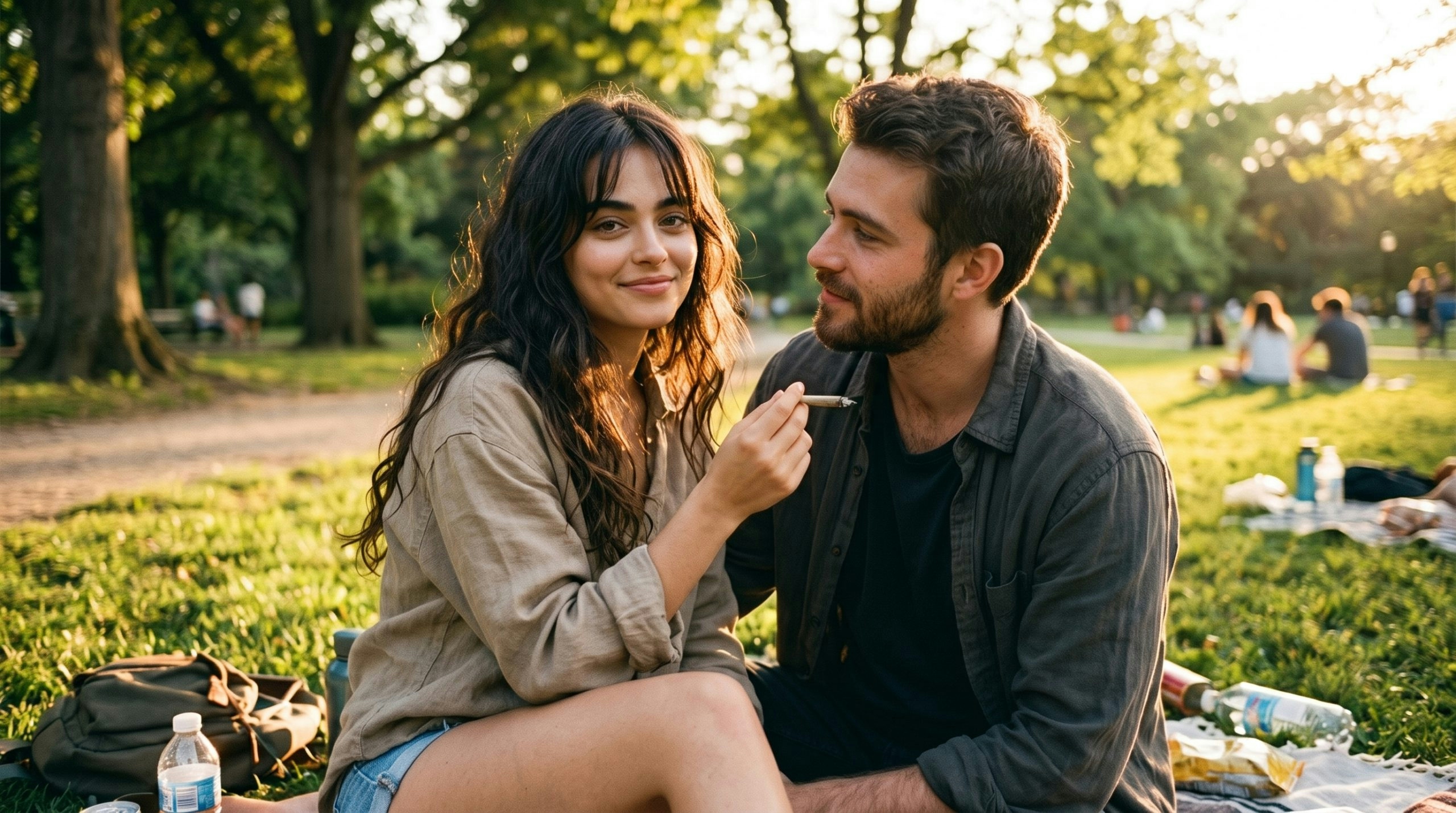 couple sharing a joint in the park