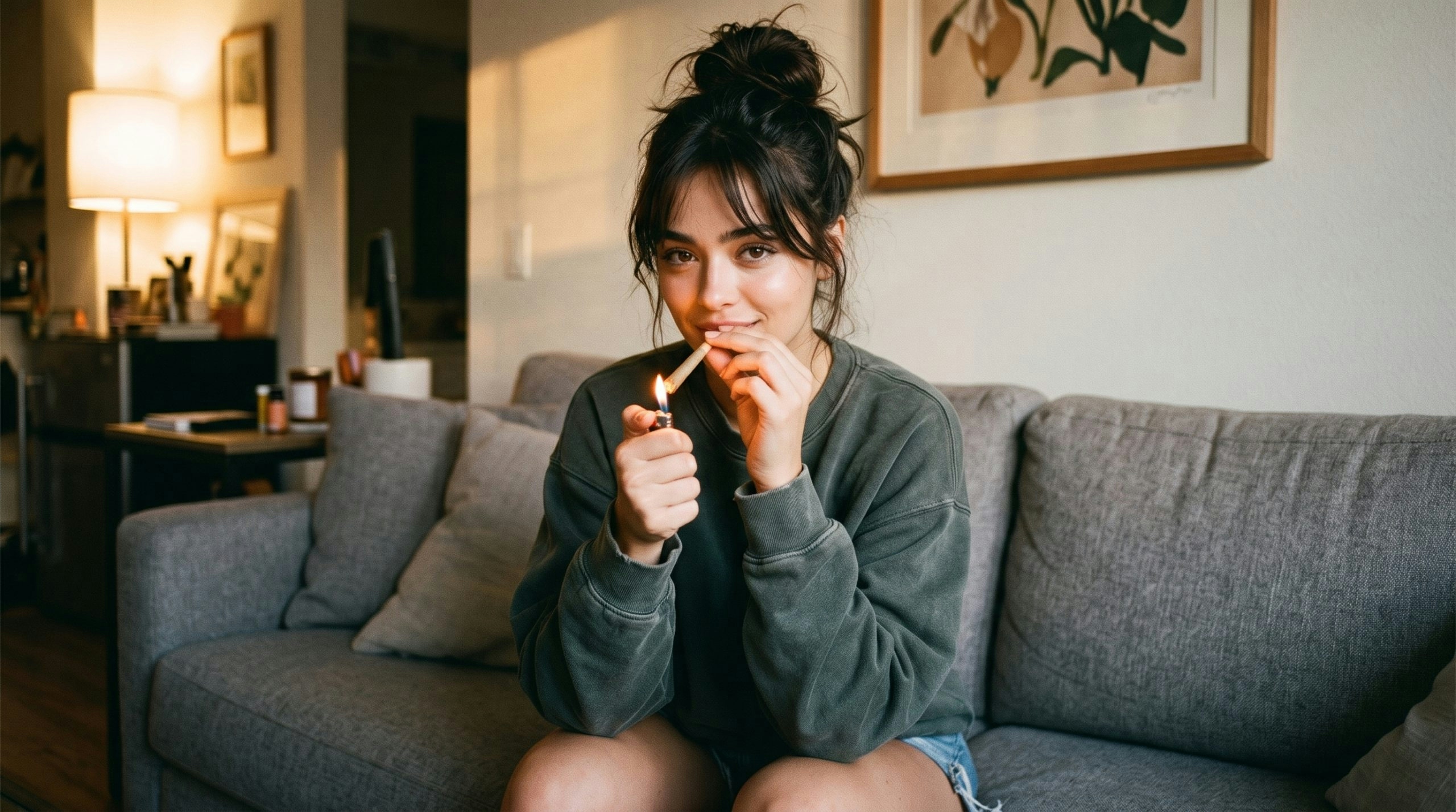 woman smoking a joint in her living room