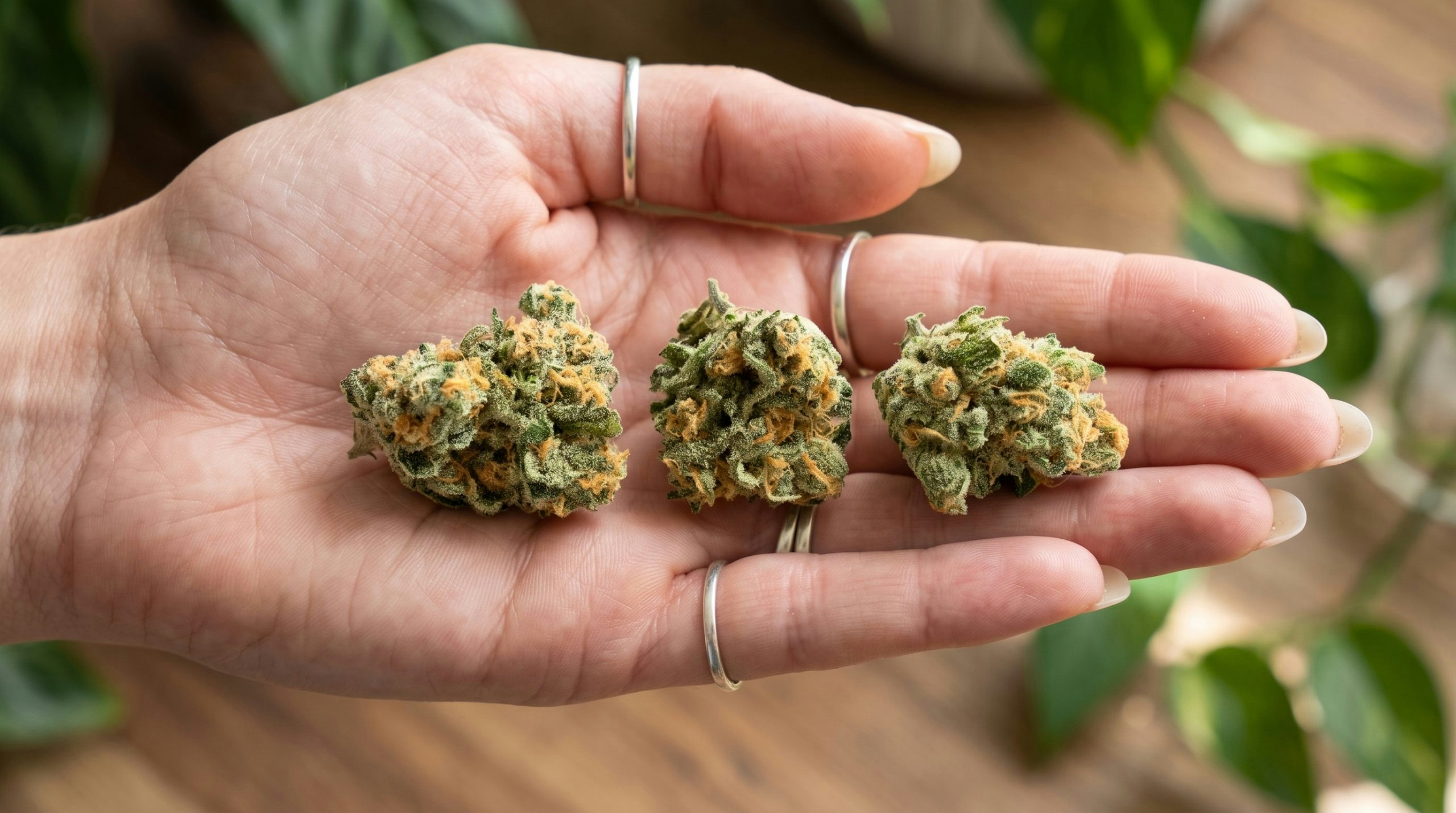 hand holding 3 cannabis buds