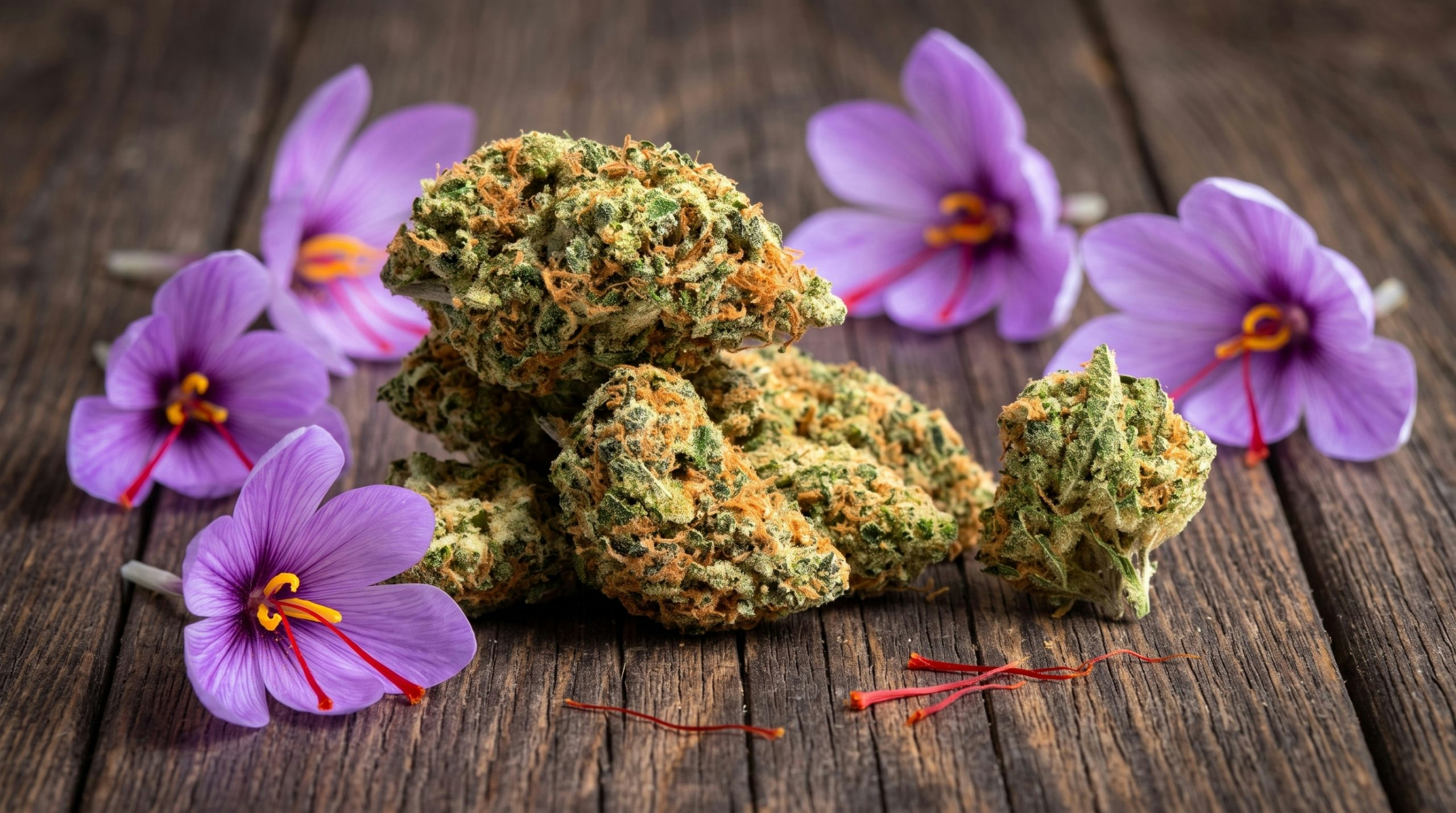 cannabis buds with some saffron flowers